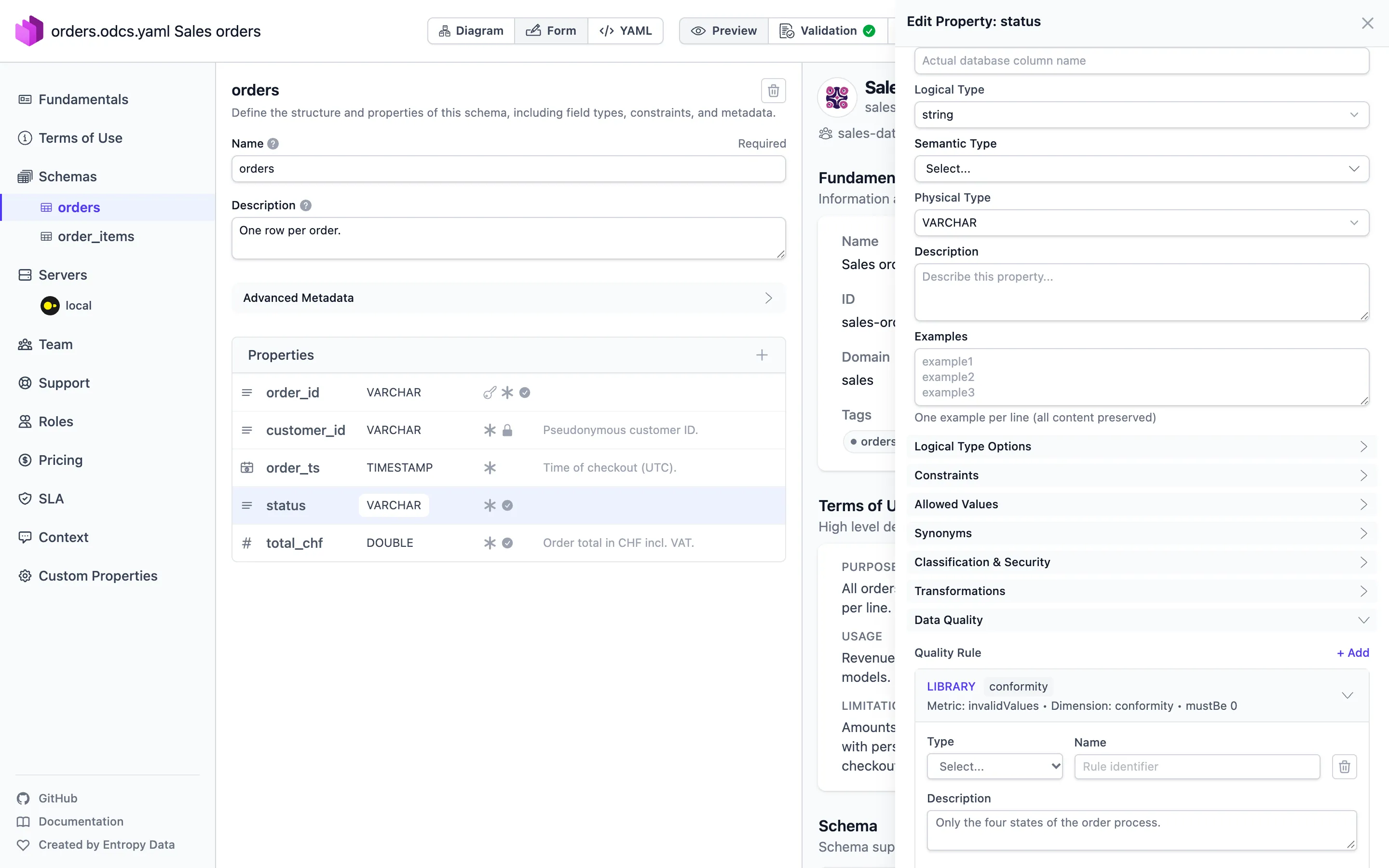 The Data Contract Editor with the orders schema: the property list on the left, and the panel for the status property on the right, with its quality rule – library metric invalidValues, dimension conformity, mustBe 0, description "Only the four states of the order process."
