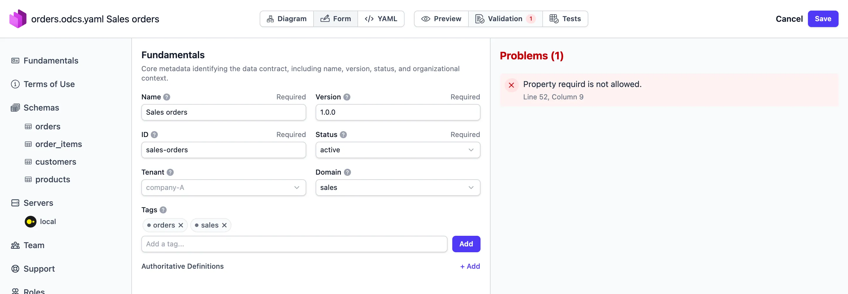 The Validation panel of the Data Contract Editor: Problems (1) – "Property requird is not allowed.", line 52, column 9
